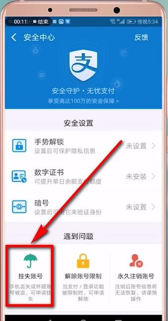 支付宝账号进行挂失的具体操作截图
