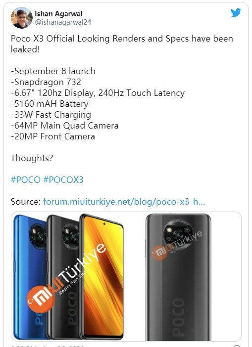 小编分享小米 POCO X3 渲染图曝光：120Hz 居中挖孔 + 骁龙 732。