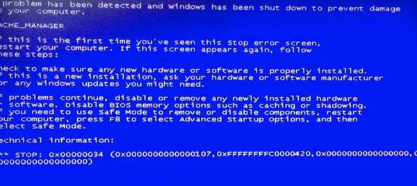 关于电脑蓝屏代码0X00000034怎么办