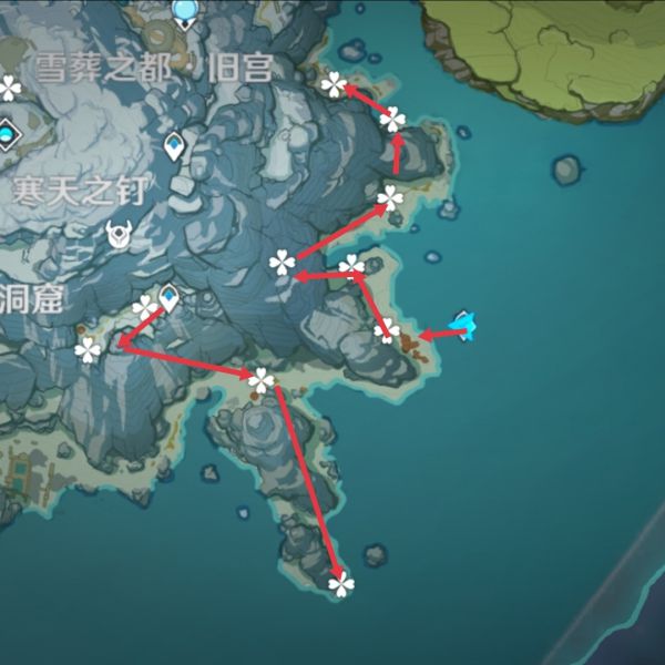 今天分享《原神》龙脊雪山每日怪物讨伐线路图